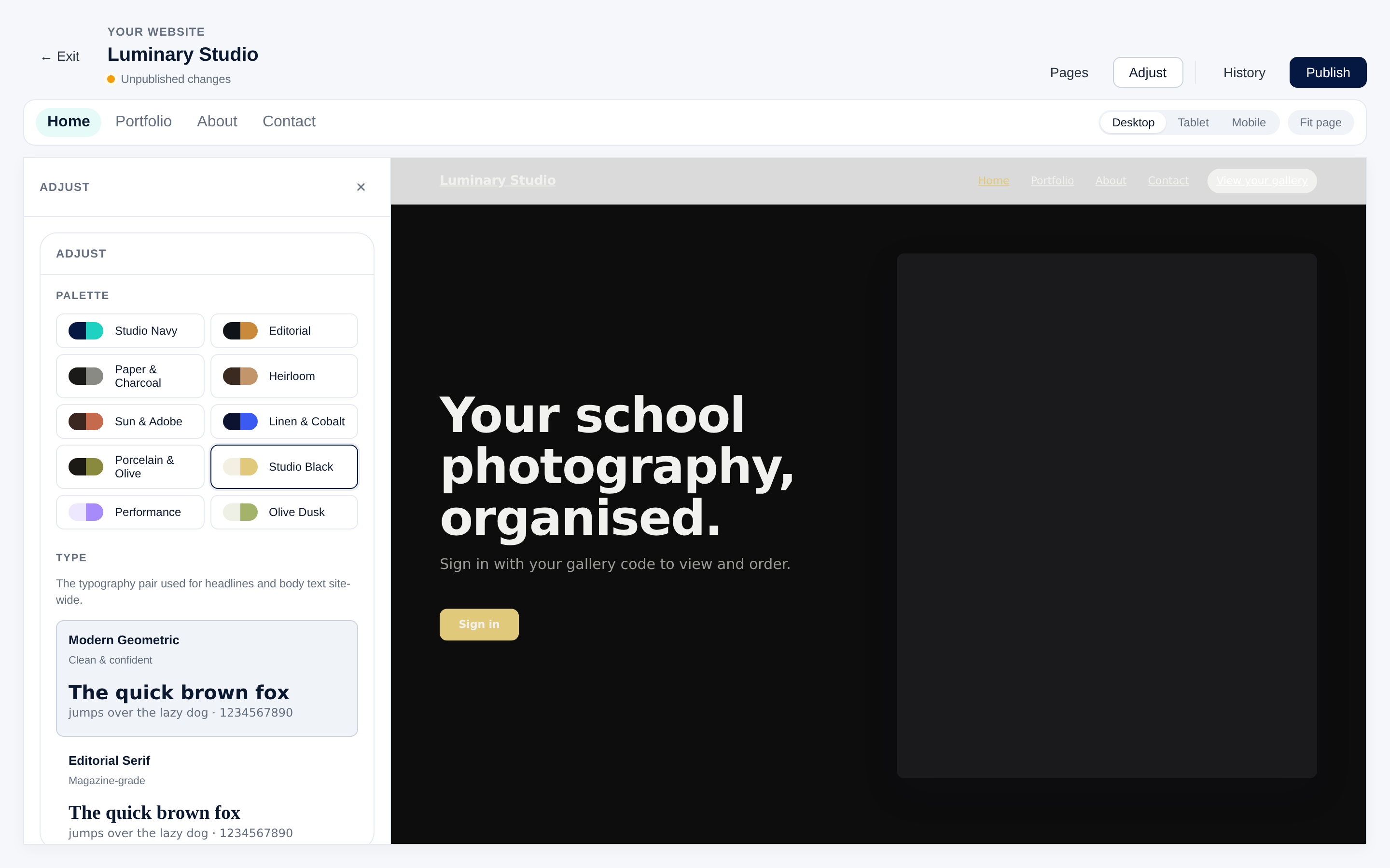 Lumeneer website editor with the palette picker open beside a live preview