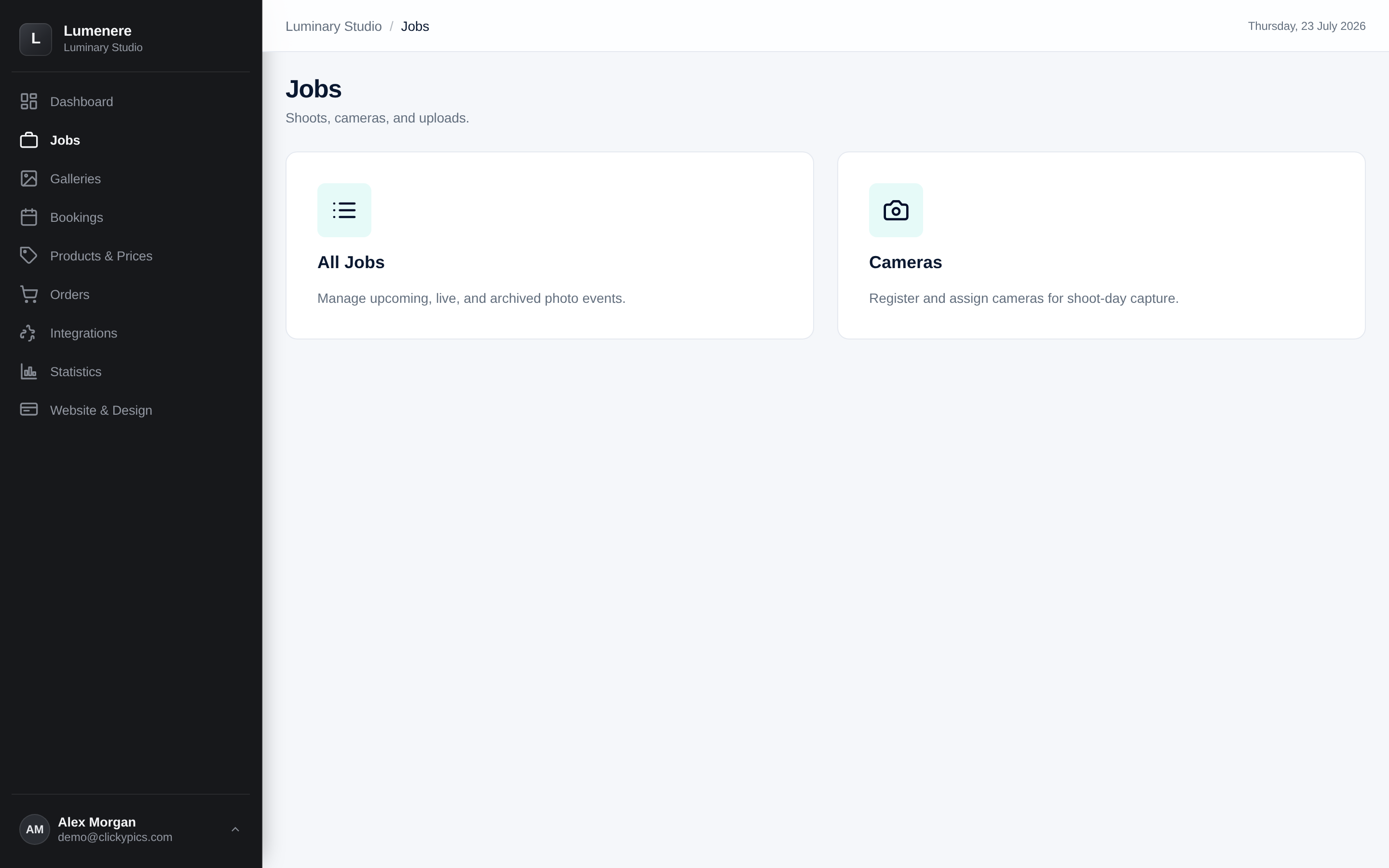 Lumeneer photo jobs dashboard listing upcoming and active shoots